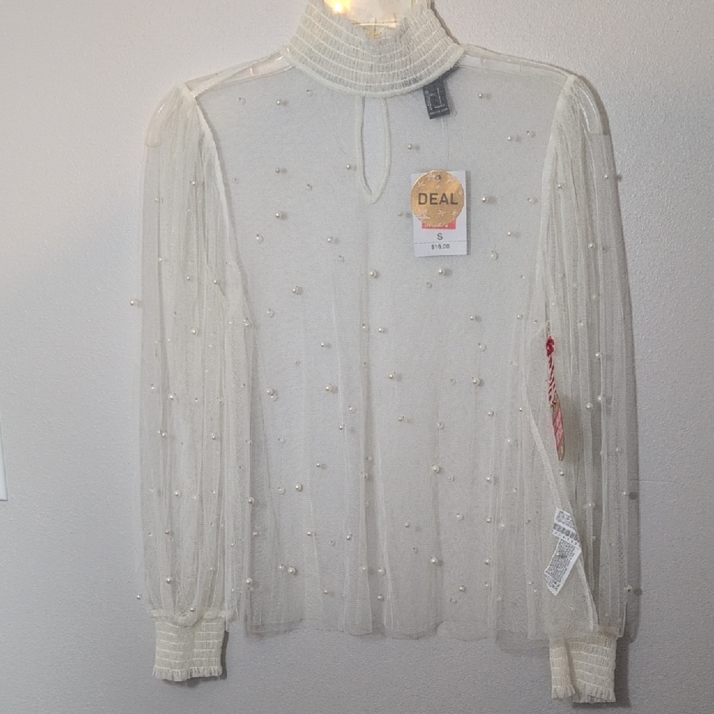 Forever 21 Cream Sheer Blouse with Pearl Accents
